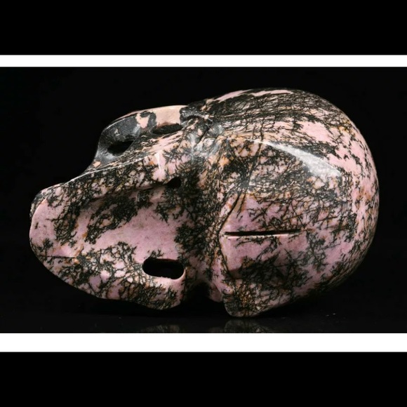 Huge 5.0" Pink & Black Rhodonite Carved Crystal Skull, Realistic - Picture 5 of 6